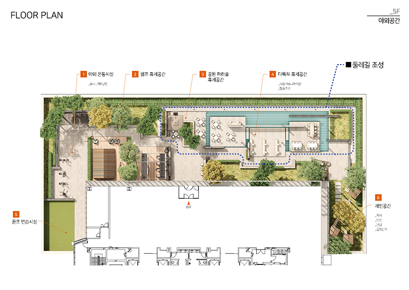 대기업 사옥 5층 야외 직원 휴게공간 조경 디자인