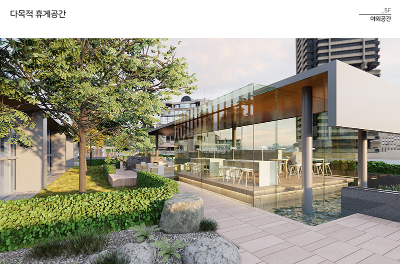 사옥 익스테리어 및 야외 라운지 가구 배치 디자인